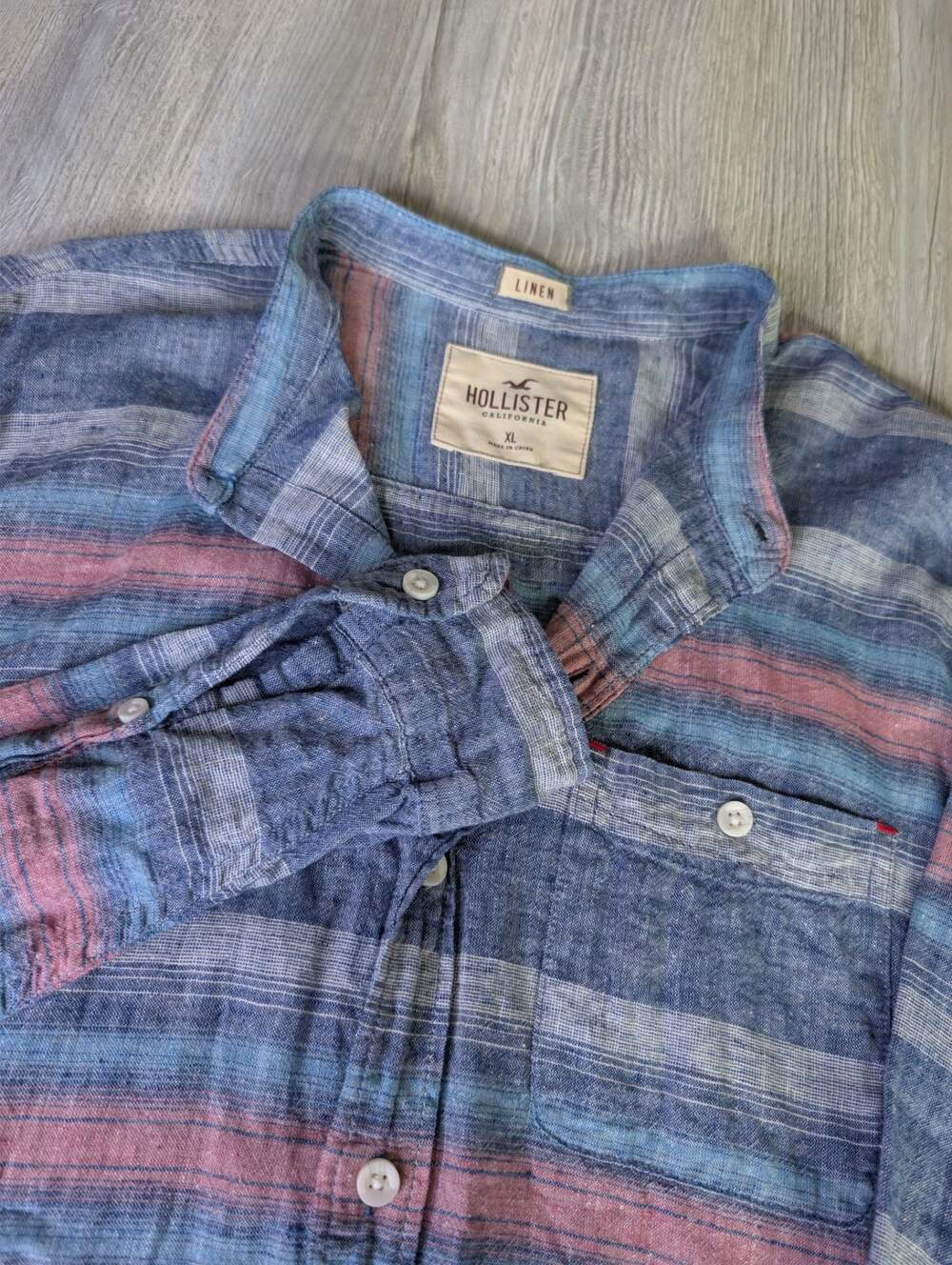 Hollister Men's Blue Gray and Pink Striped Long Sleeve Linen Blend Button-Down